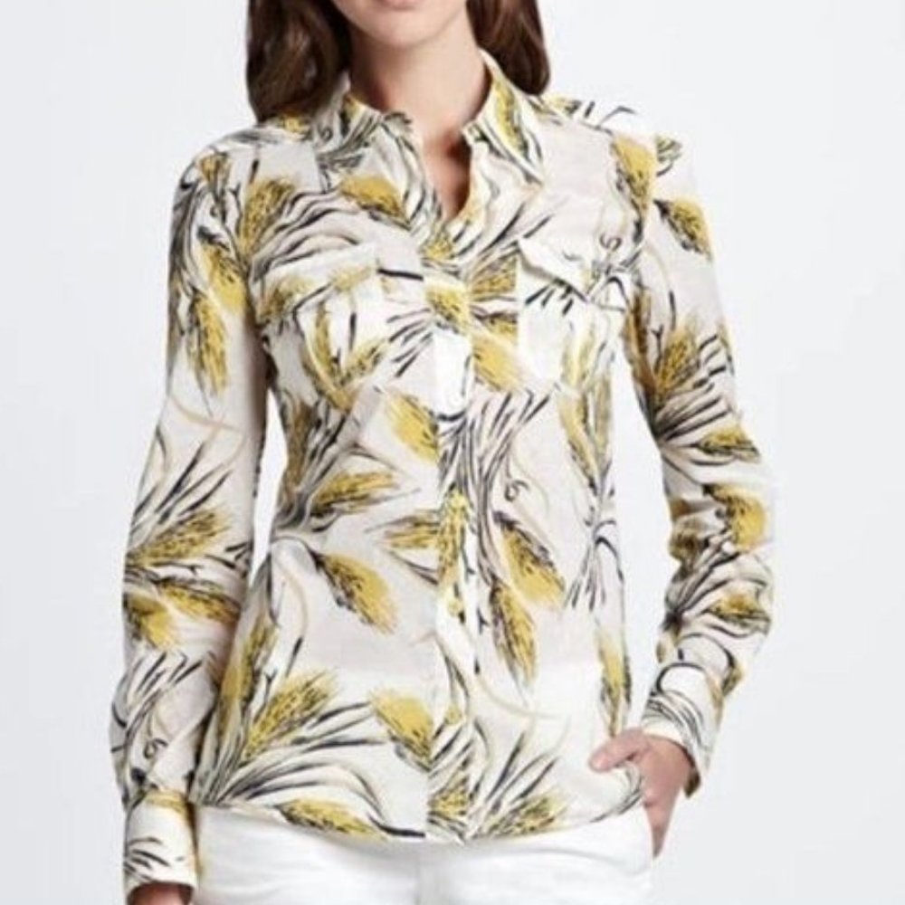 Tory Burch White Button-Down Shirt with Yellow and Navy Botanical Print